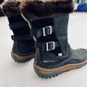 Merrell Women's Leather Faux Fur Trim Winter Boots 9 Black 200G Insulated